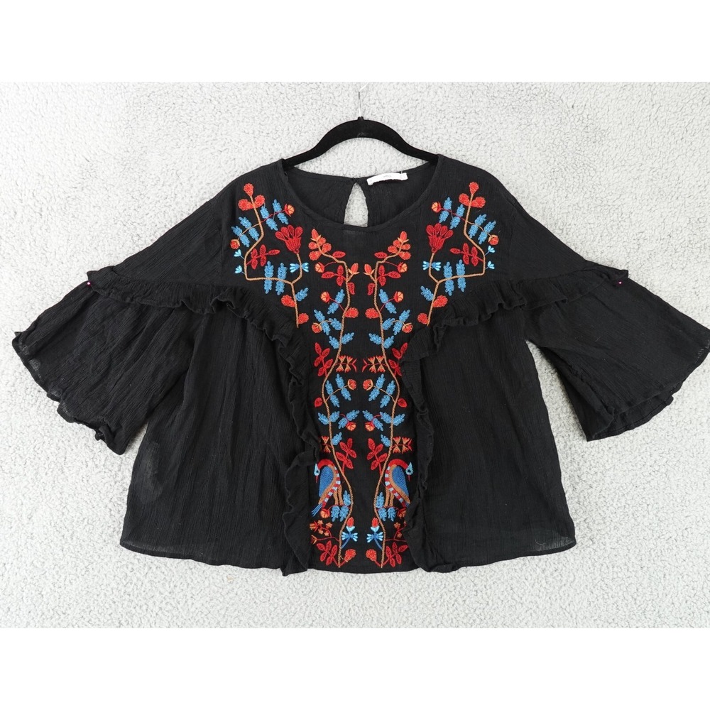 MNG By Mango Top Women's M Cropped Black Sheer Embroidered Floral Boho Hippie